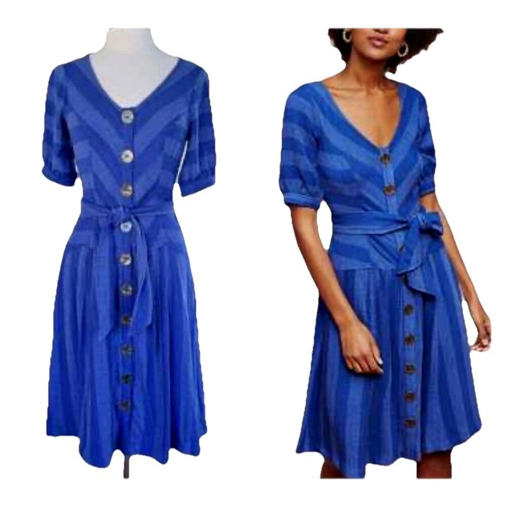 Anthropologie Maeve Blue Chevron Stripe Midi Dress Button Front Fit Flare Size O